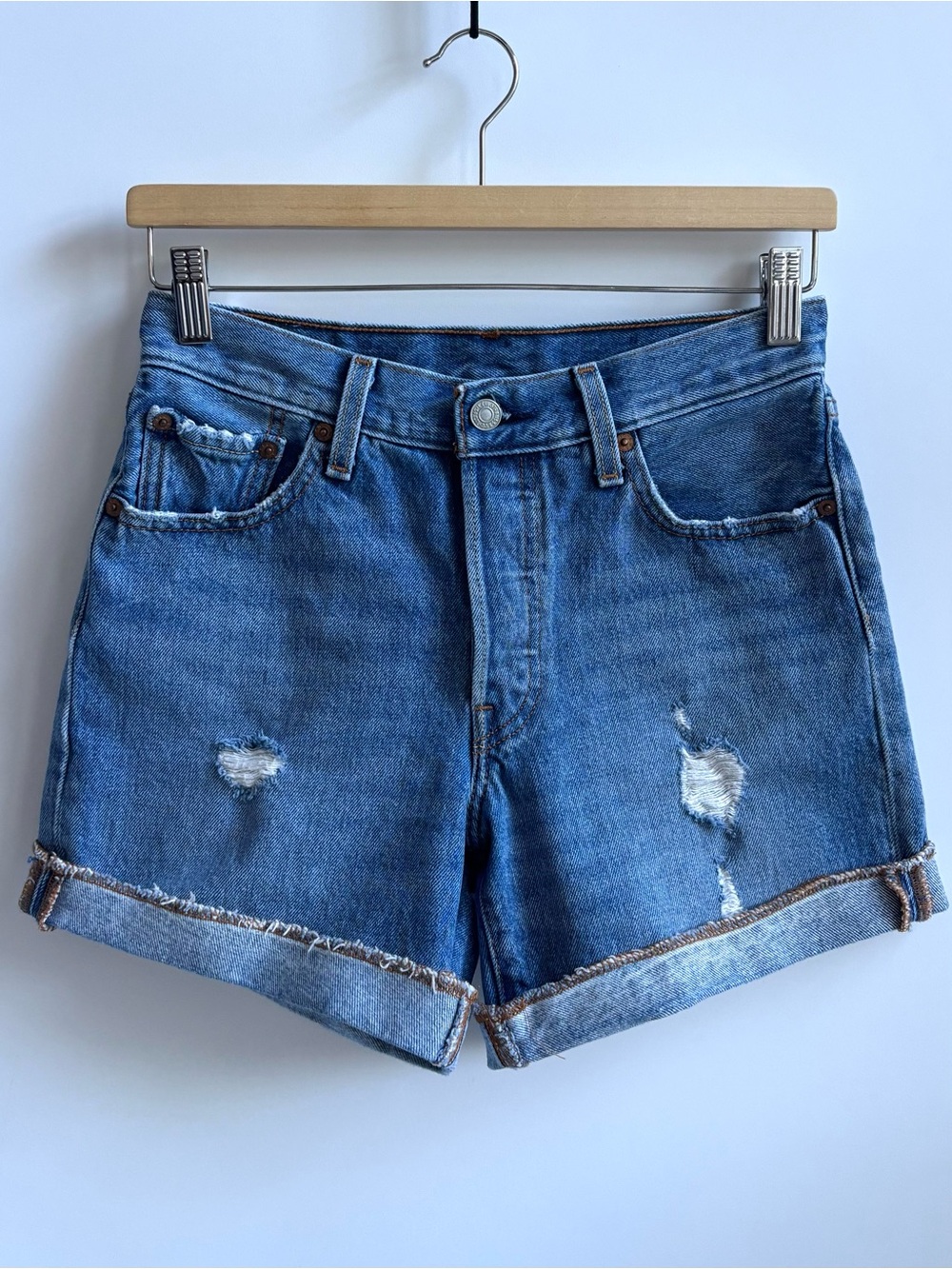 Levi's 501 Rolled Up Distressed Blue Denim High-Rise Jean Shorts Size 25
